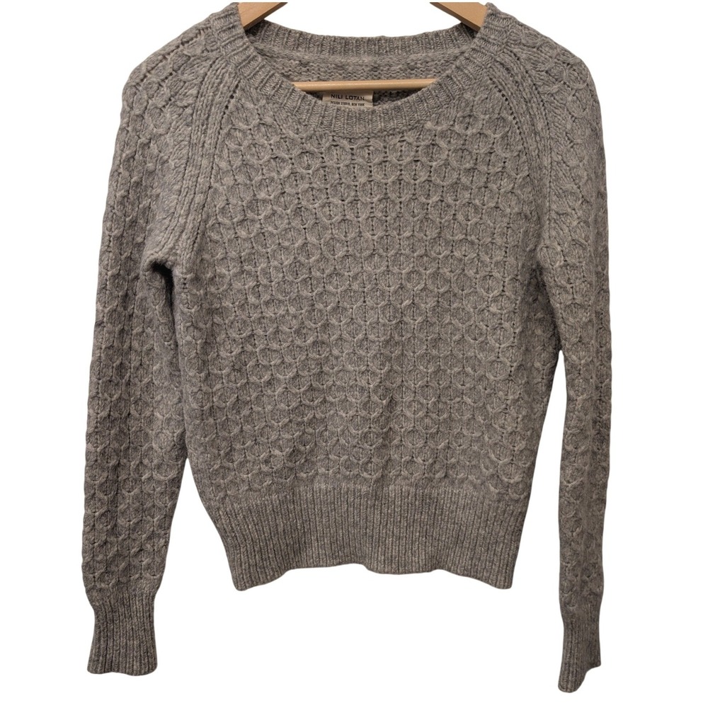Nili Lotan Chunky Honeycomb Cable Knit Alpaca Wool Sweater Preppy Luxury S Gray